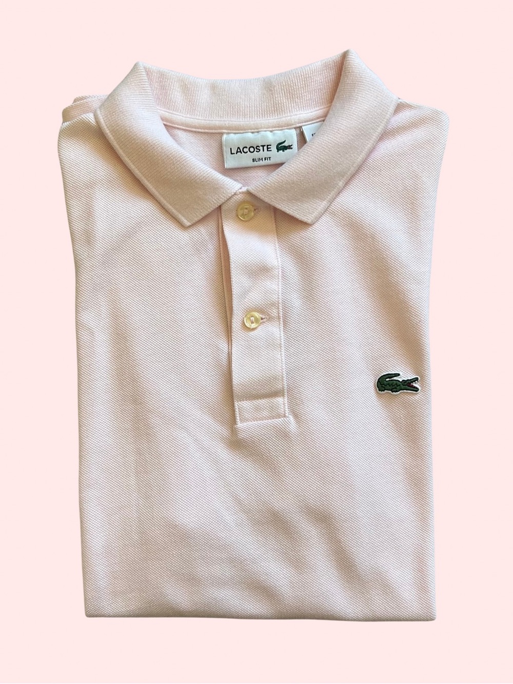 Lacoste Men’s Pink Polo with Green Crocodile Logo Size Small Slim Fit Cotton